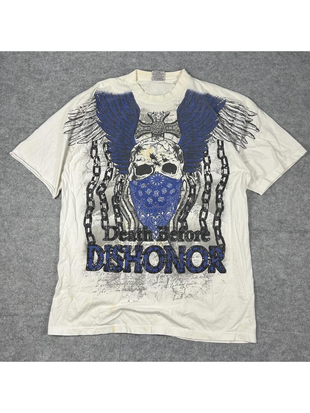 Vintage Y2K Affliction Style AOP Skull & Wings Cross T-Shirt Size 2XL